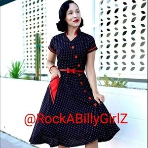 Tatyana Zarita Retro RockABilly Swing Dress w Red Handkerchief Pocket & Buttons